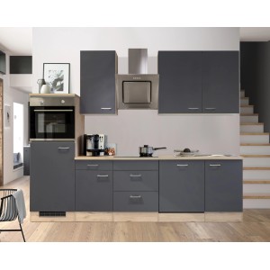 Moderne Küchenzeile Morena in Basaltgrau matt und San Remo Eiche hell mit E-Geräten.