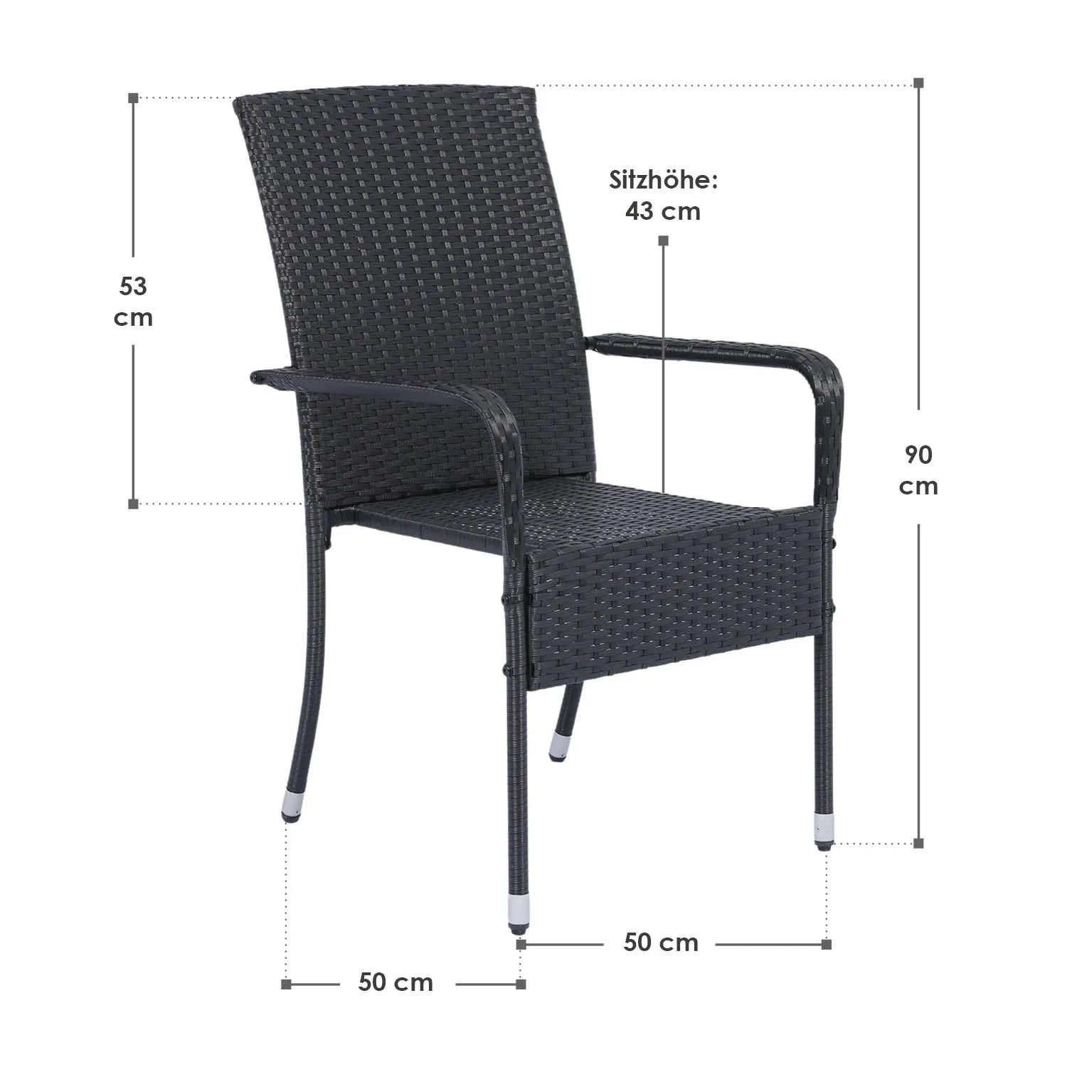 Schwarzer Polyrattan Gartenstuhl Yoro mit Armlehnen, stapelbar, Maße eingezeichnet.