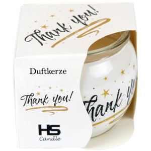 HS Candle Duftkerze "Thank You" im Glas mit goldener Schrift und Sternen.