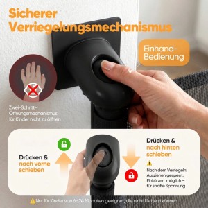 Sicherer Verriegelungsmechanismus des schwarzen Sekey Schutzgitters. Einhandbedienung, kindersicher für Treppe & Tür.