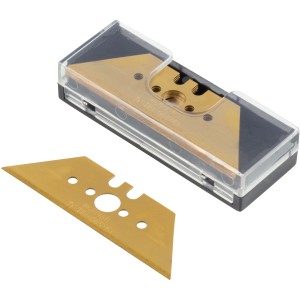 wolfcraft Trapezklingen TIN, 5 Stück, 0,65x61mm, in Aufbewahrungsbox. Profi-Messer Klingen.