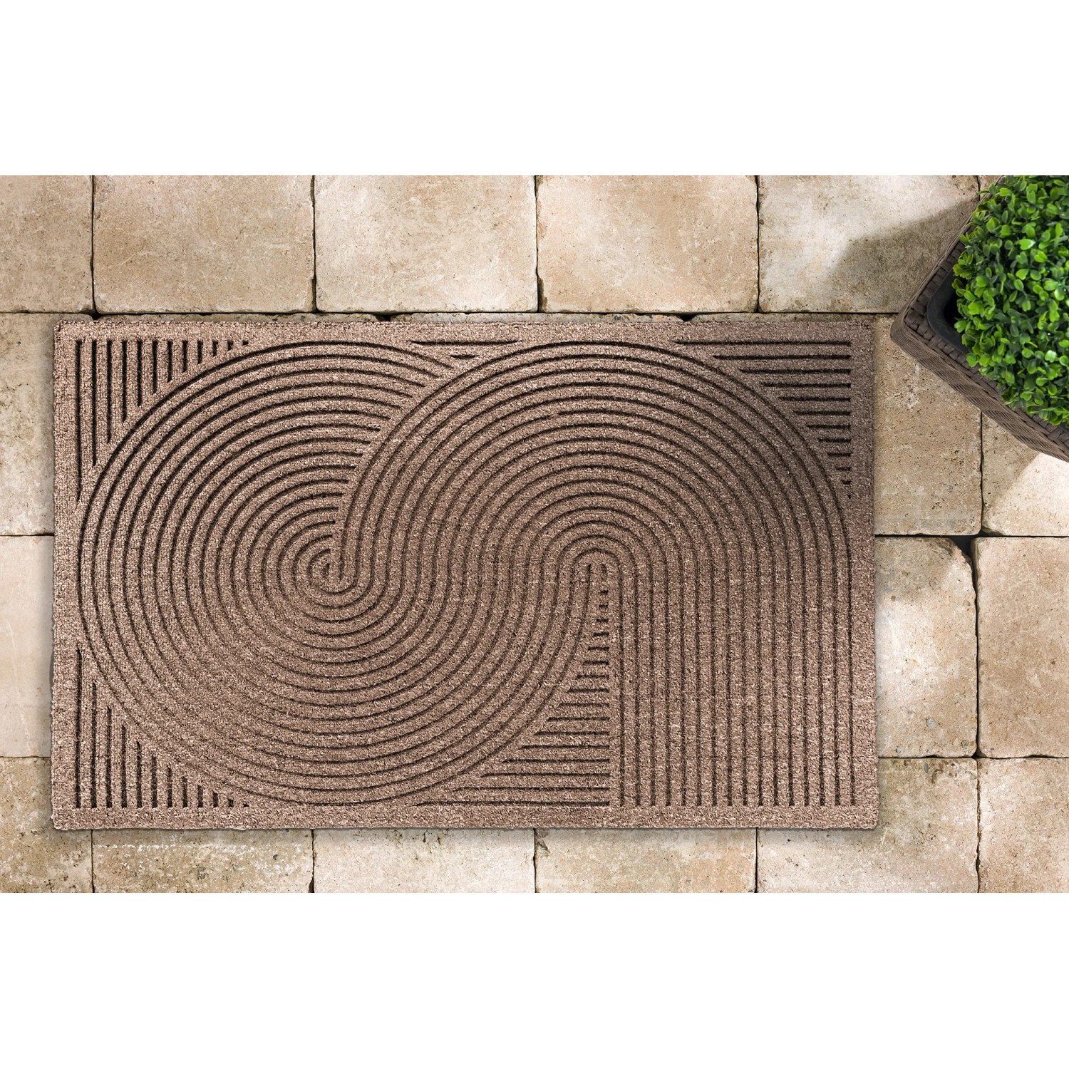 Sandfarbene Astra Türmatte Graphic Deluxe, 45x75 cm, mit modernem Kreis-Design.