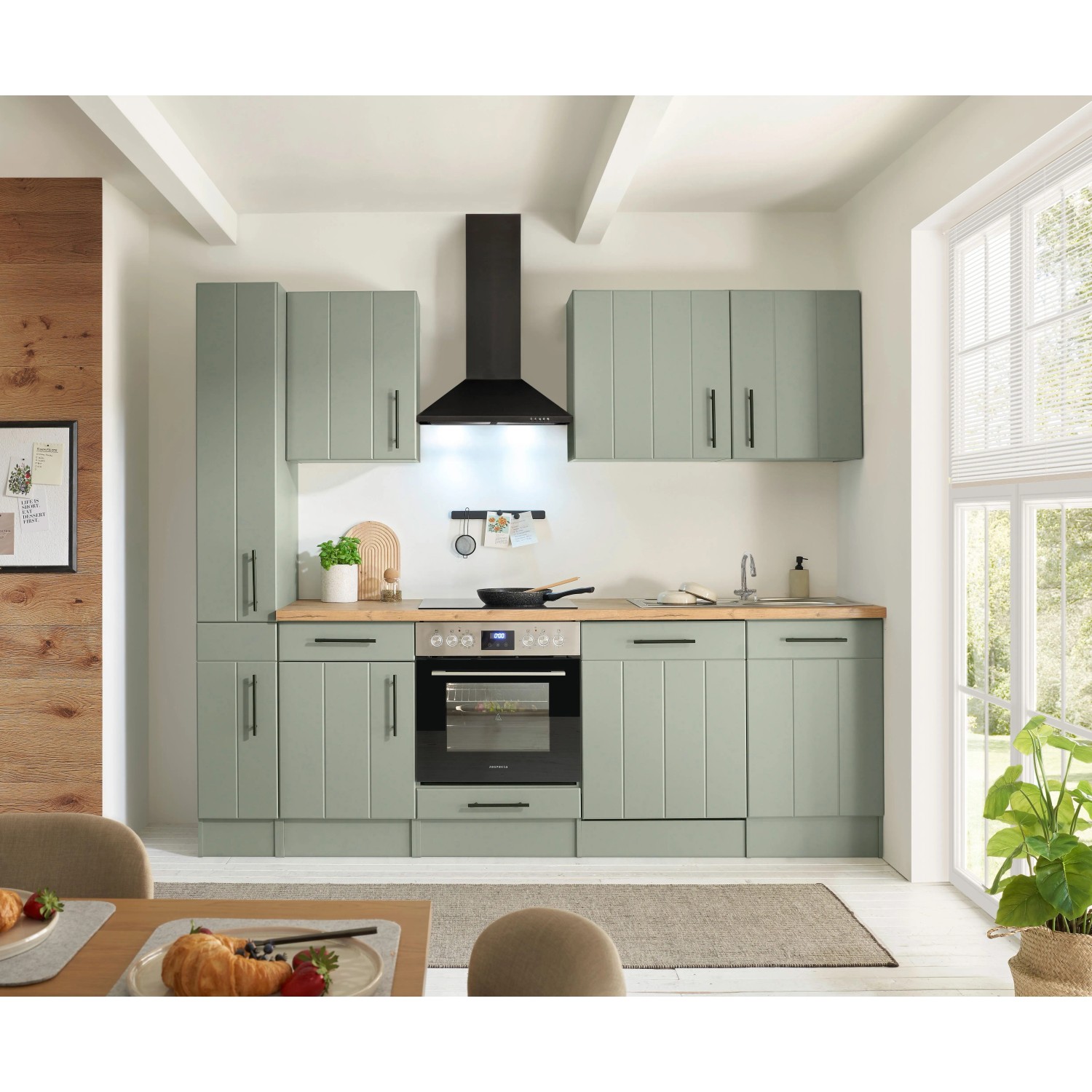 Respekta Küchenzeile Anton Landhaus Schilfgrün 250 cm mit Einbau Herd-Set