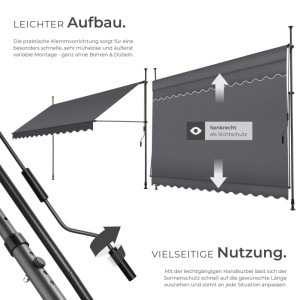 Tectake Klemmmarkise  Mit Handkurbel Uv Beständig 350 x 180 cm 180 x 350 x 304 cm Schwarz Grau