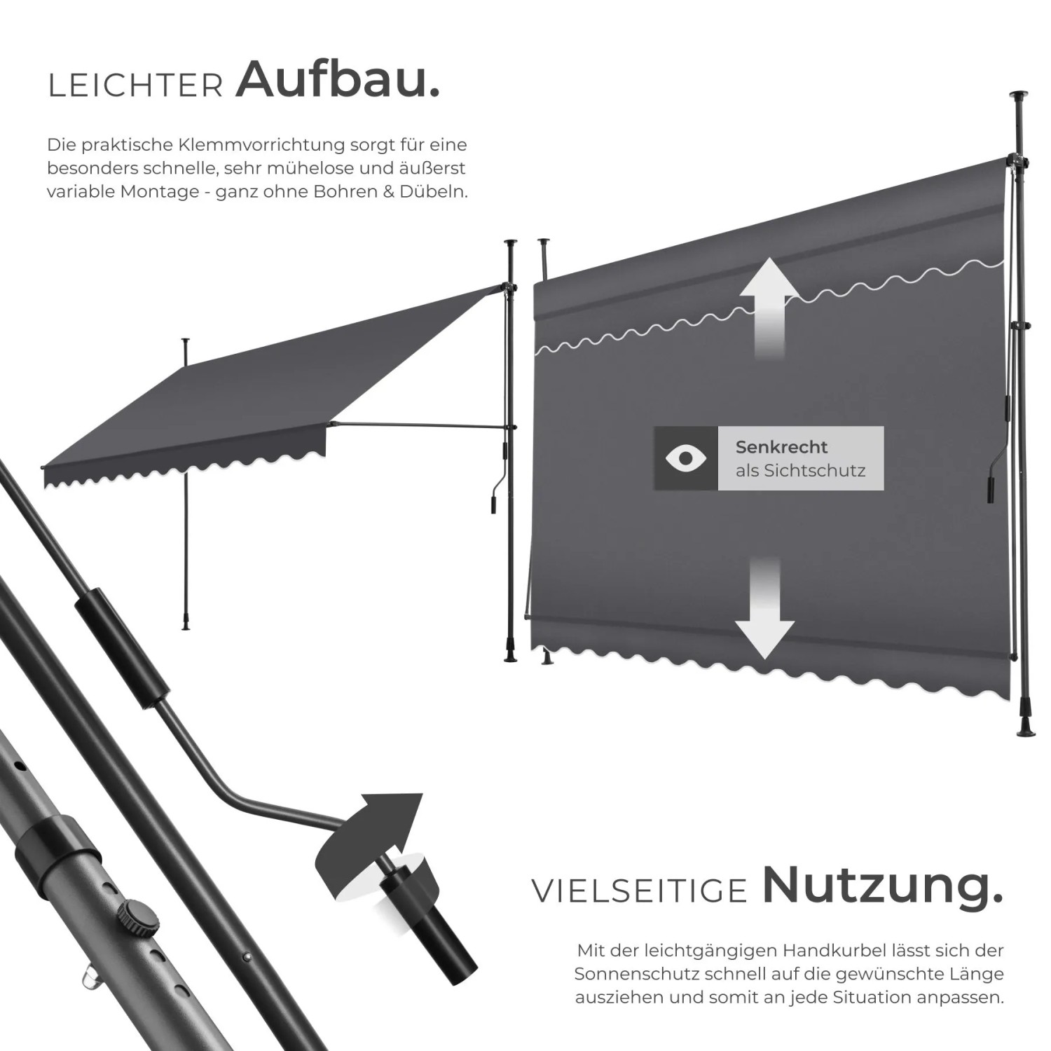 Graue Tectake Klemmmarkise mit Handkurbel, als Sonnenschutz und vertikaler Sichtschutz. Schnelle, bohrfreie Montage.