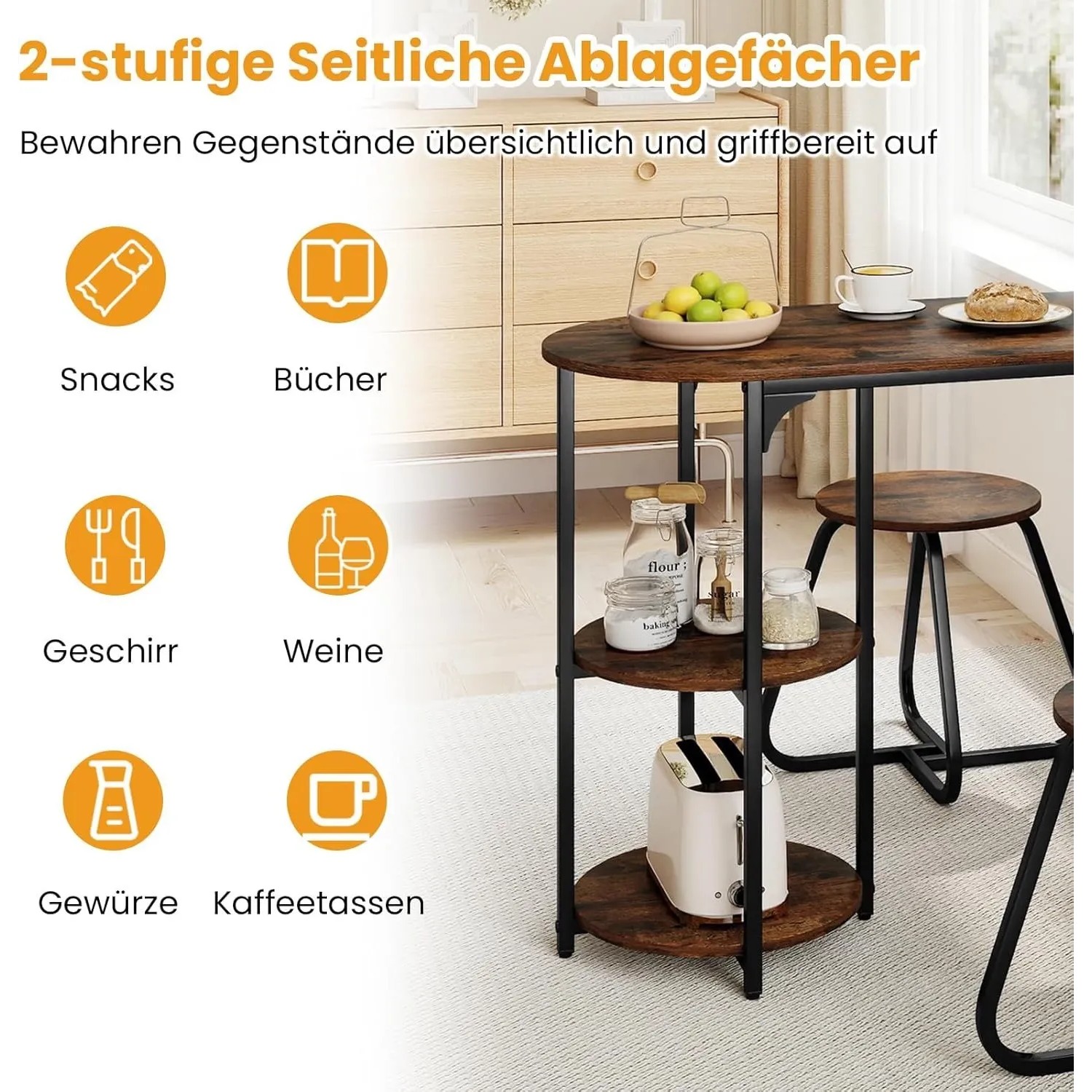 Costway Essgruppe: Brauner Esstisch mit 2 runden Ablagen und schwarzen Metallrahmen, ideal für platzsparende Aufbewahrung.