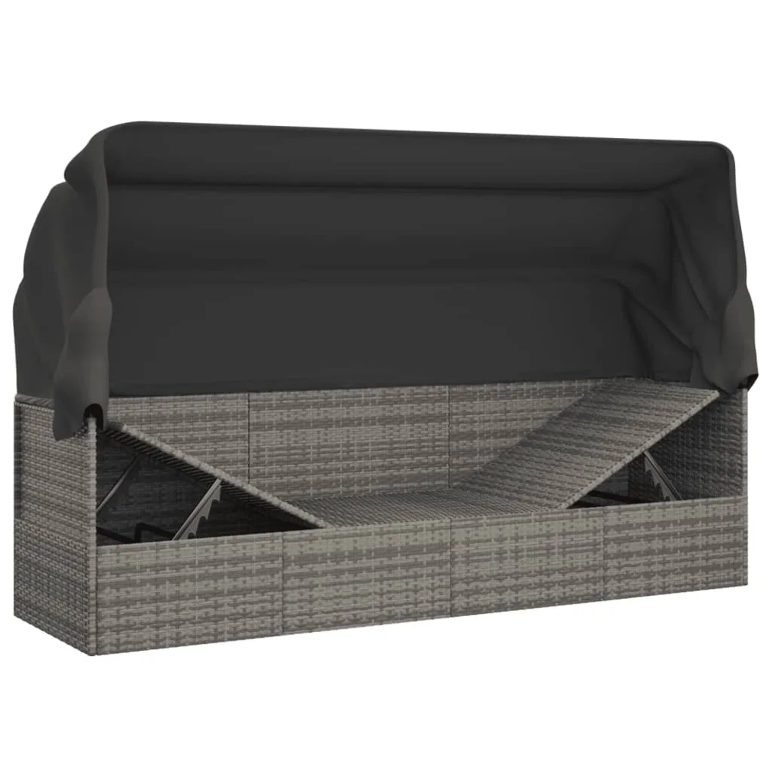 Graues Outdoor-Loungebett mit Dach und Kissen aus Polyrattan. Sonnenliege für Garten oder Terrasse.