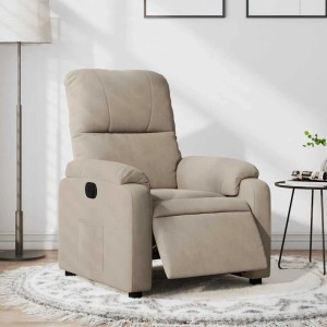 Elektrischer Relaxsessel in Taupe aus Mikrofasergewebe mit ausfahrbarer Fußstütze und Seitentasche.