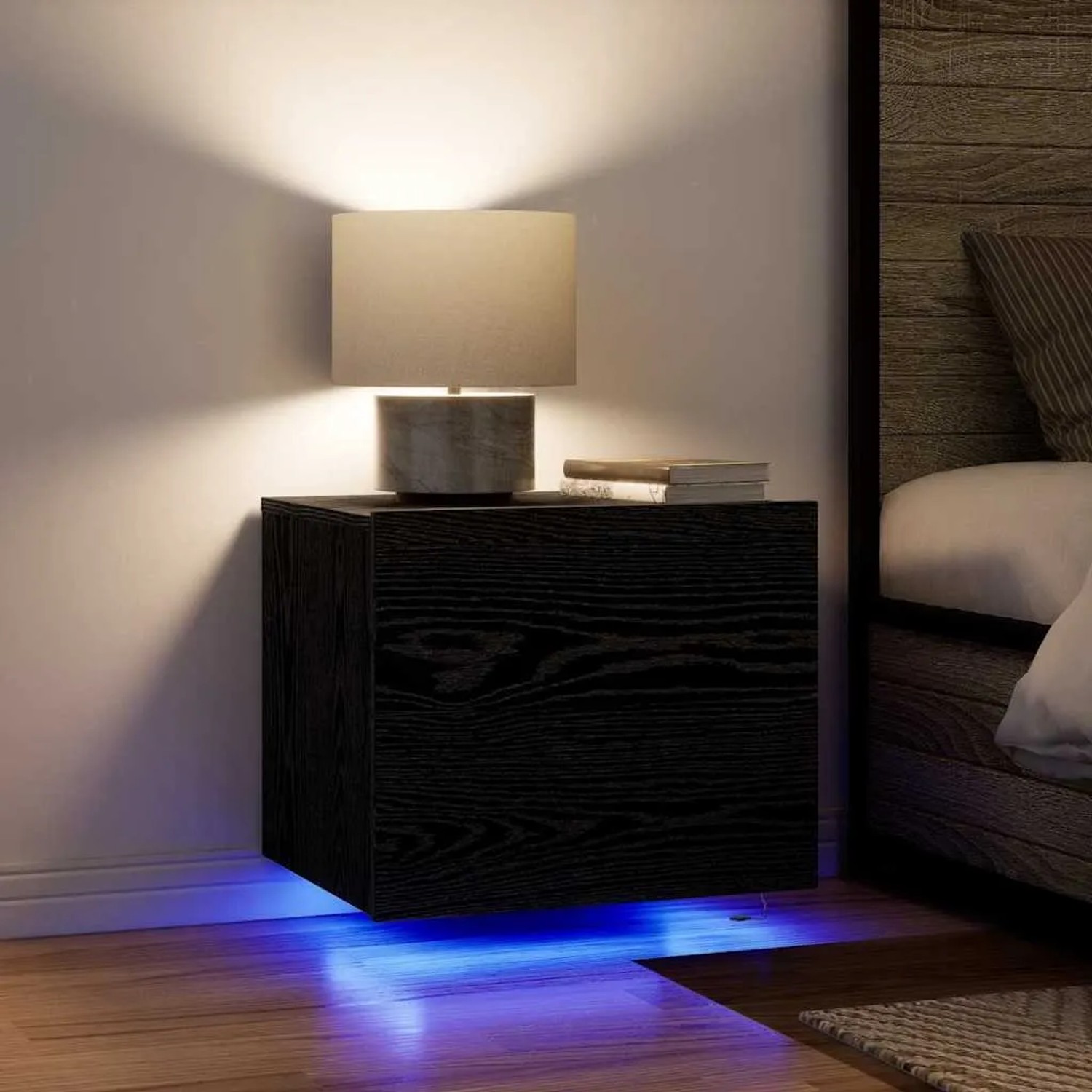 Wand-Nachttisch in Schwarz Eiche mit Schublade und LED-Beleuchtung.