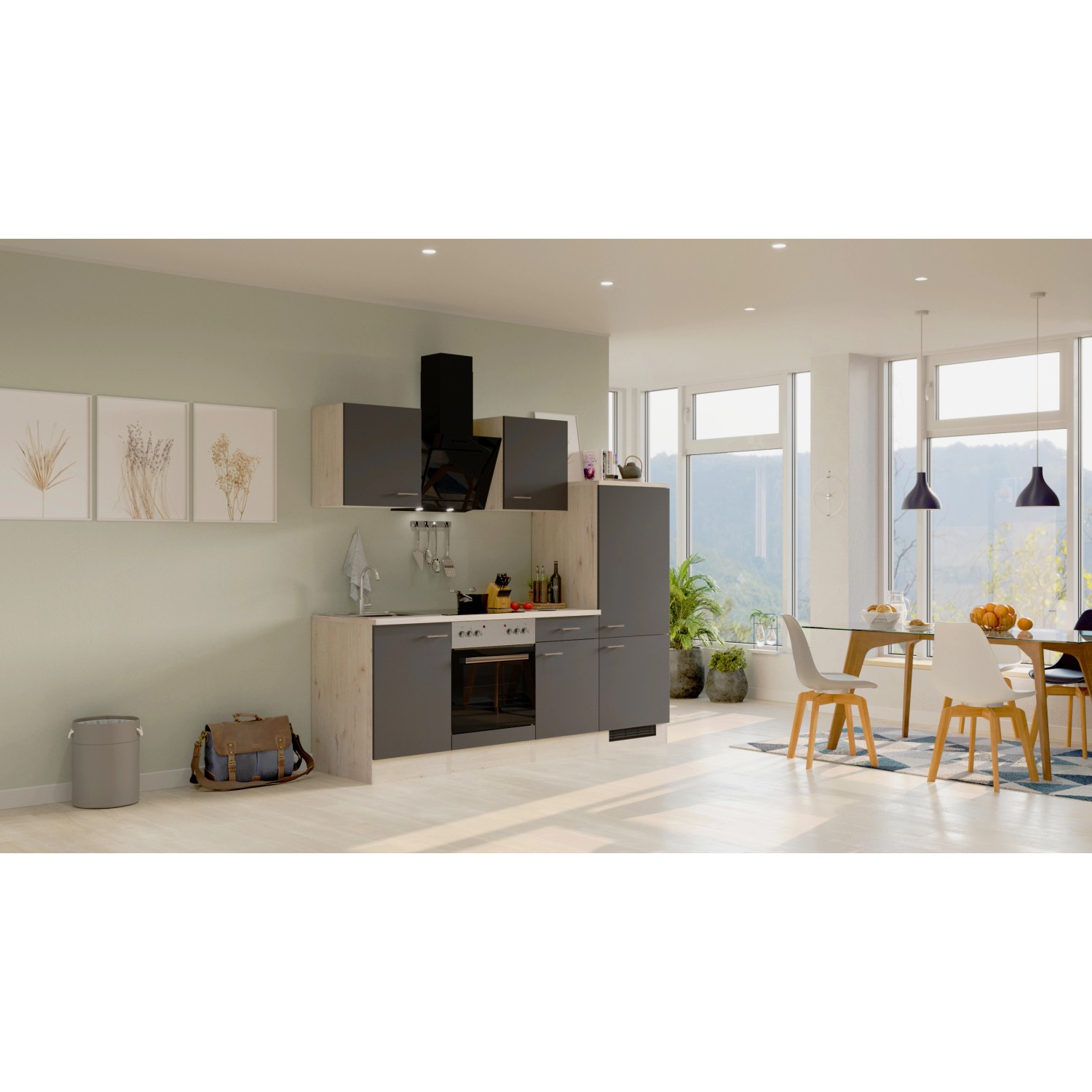 Flex-Well Exclusiv Küchenzeile/Küchenblock Morena 220 cm Basaltgrau matt - San Remo Eiche
