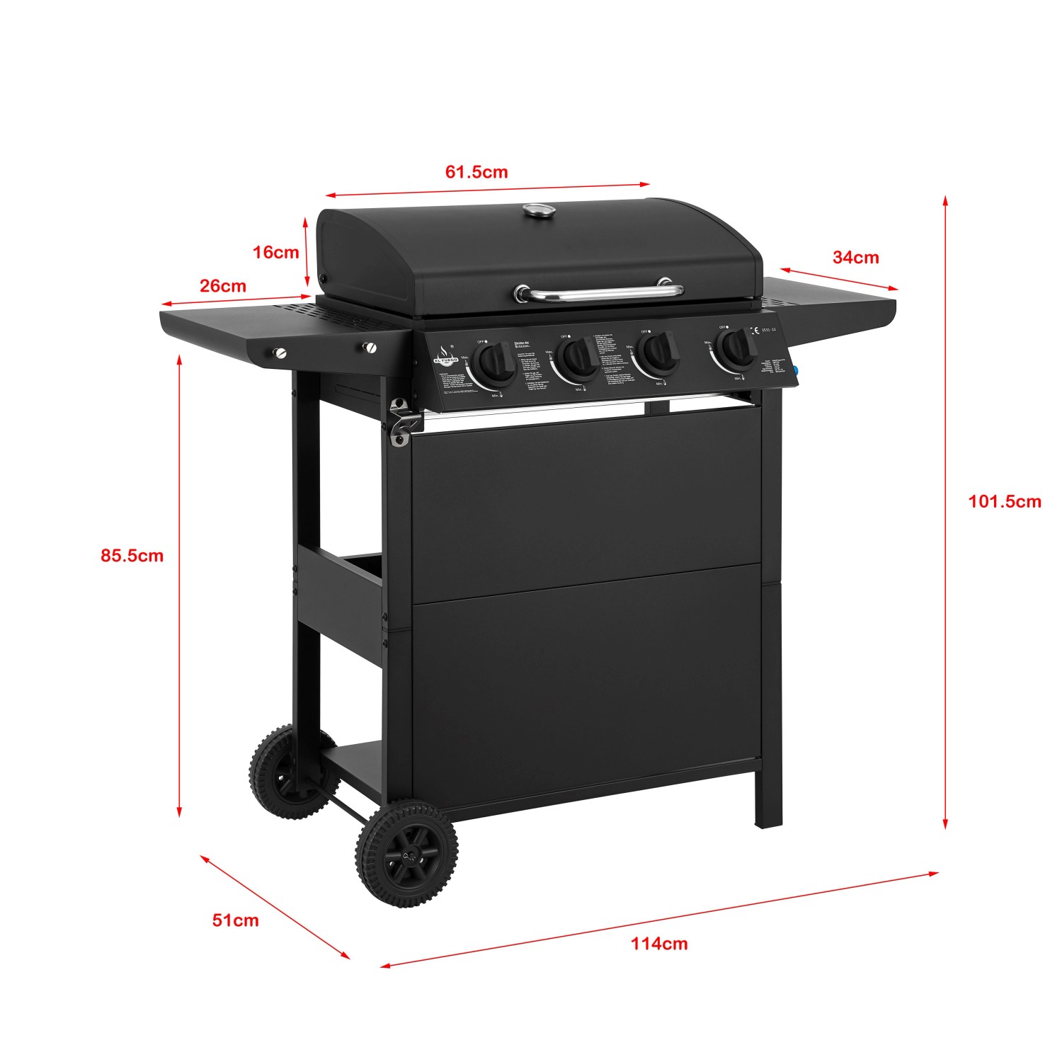 El Fuego Gasgrill San Jose mit 4 Brennern, schwarzer Grill mit Seitenablagen und Thermometer.