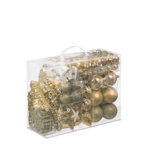 100er Set Champagner Weihnachtskugeln aus Kunststoff in matter, glänzender & glitzernder Optik, in transparenter Aufbewahrungsbox.