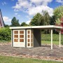 Terragraues Karibu Holz-Gartenhaus Sölve mit Flachdach und Anbau im Garten.