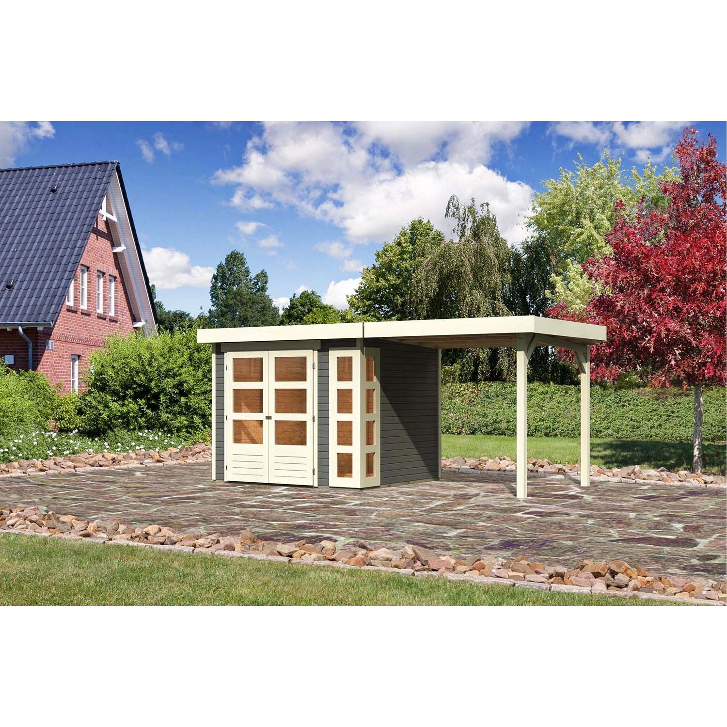 Karibu Holz-Gartenhaus Sölve Terragrau Flachdach Lackiert 238 cm x 213 cm günstig online kaufen