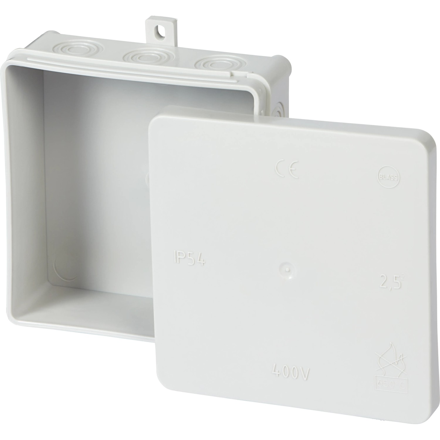 Grauer Abzweigkasten Aufputz, 100x100mm, IP54, mit offenem Deckel für Elektroinstallationen.
