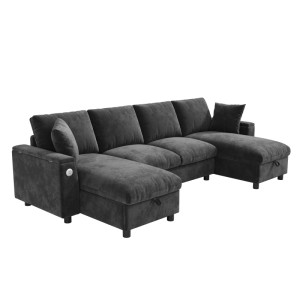 Merax U-Sofa, grau, Chenille. Großes Ecksofa mit USB-C Anschluss und Stauraum, für moderne Wohnzimmer.