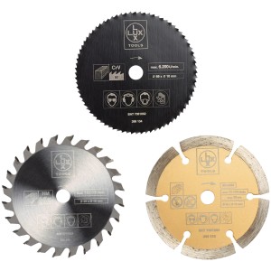 LUX Minikreissägeblatt-Set, 3-teilig: CV-Sägeblatt, HM-Sägeblatt, Diamanttrennscheibe, 85 mm Durchmesser.