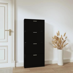 Schwarzer vidaXL Schuhschrank (59x17x150 cm) aus Holzwerkstoff mit 4 Klappen.