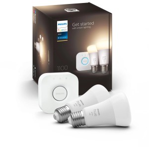 Philips Hue E27 Starter Set mit 2 LED-Lampen und Bridge für smarte Beleuchtung.