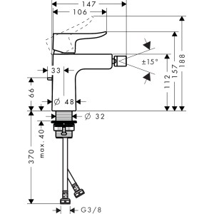 Technische Zeichnung Hansgrohe Metris Bidetarmatur mit Maßen und Anschlüssen.