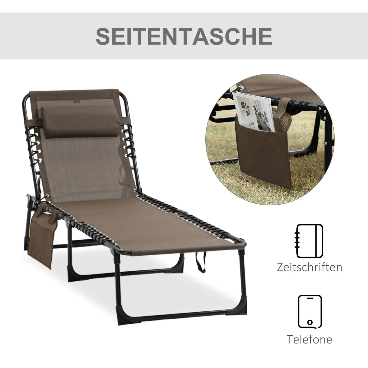Outsunny Sonnenliege aus Netzstoff, braun, mit Stahlgestell und Seitentasche für Zeitschriften.