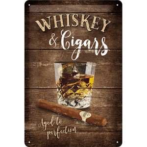 Nostalgic-Art Blechschild Whiskey (20x30cm): Whiskeyglas und Zigarre auf Holzoptik.