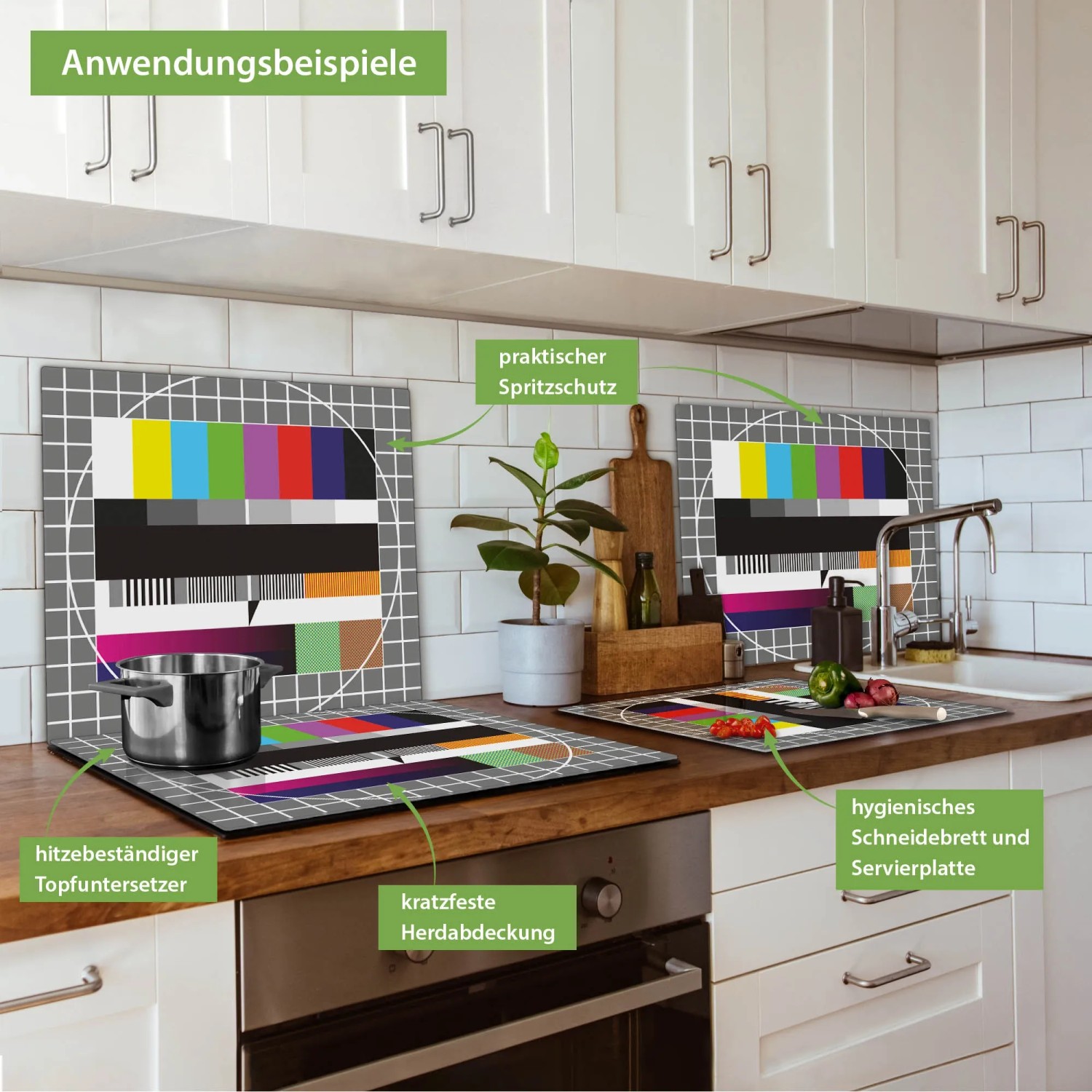 Banjado Herdabdeckplatte Glas mit Testbild als Schneidebrett und Spritzschutz in Küche.