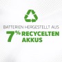 Energizer Akku Power Plus: Hinweis auf 7% recycelte Akkus und Recycling-Symbol.