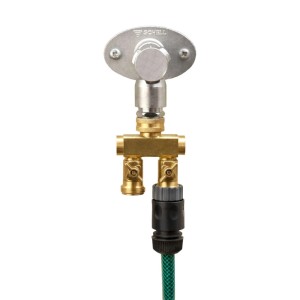 Westfalia Wasserverteiler, 2-Wege, Außengewinde 3/4 Zoll, Metall goldfarben.