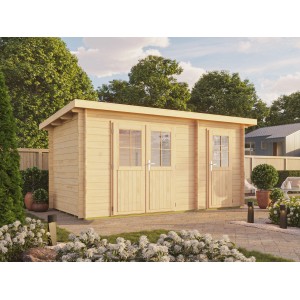 Unbehandeltes Fjordholz Pultdach Gartenhaus Modell Ezra 2H mit Doppel- und Einzeltür.