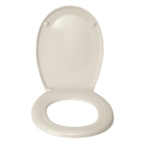 Wenko WC-Sitz Bergamo, Duroplast, Beige, mit geöffnetem Deckel.