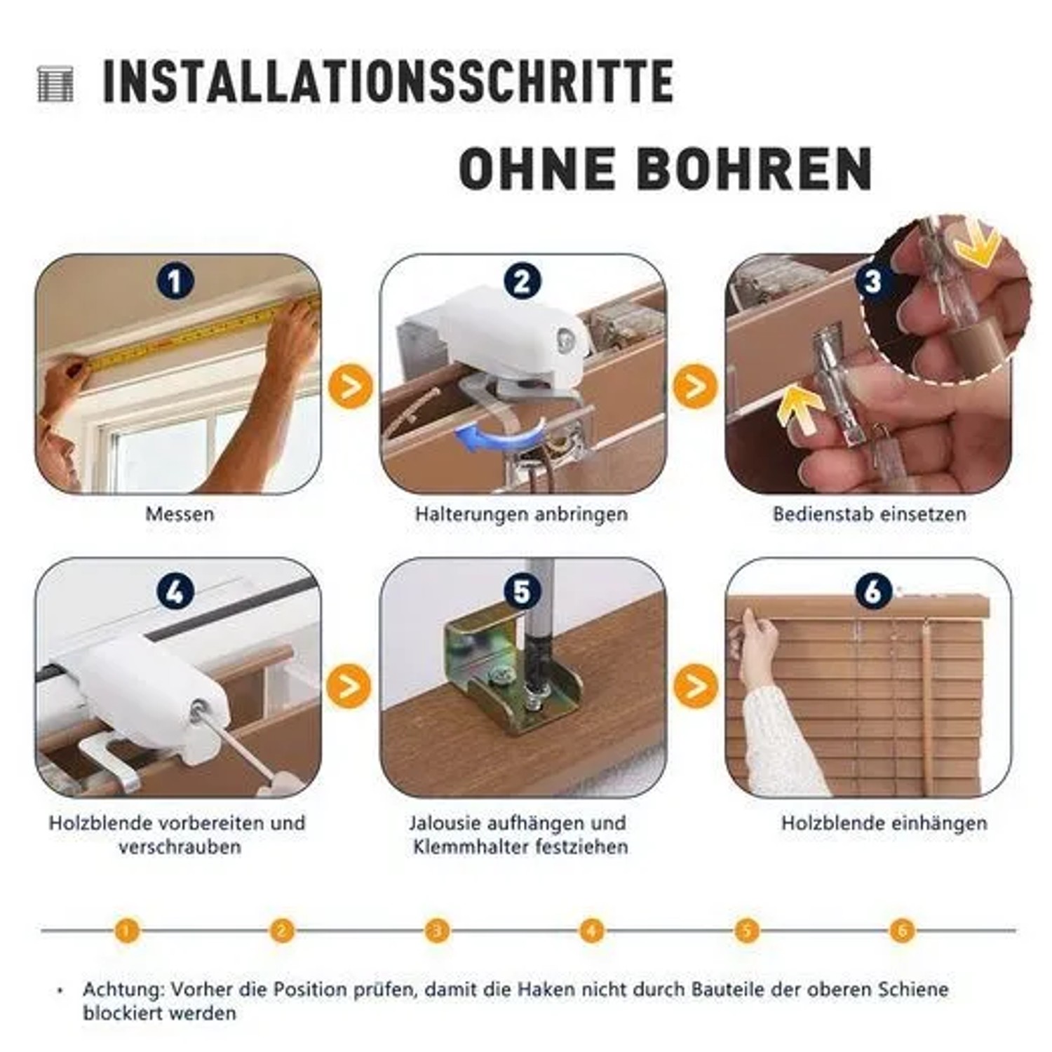 Installationsschritte für Sekey Holzjalousie in Walnussholzoptik ohne Bohren. Messen, Halterungen anbringen, Lamellen und Blende montieren.