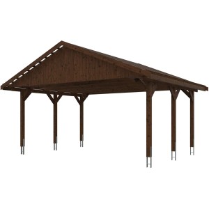Satteldach-Carport Wallgau in Nussbaum, 620x500 cm, mit Dachlattung. Doppelcarport aus Holz.