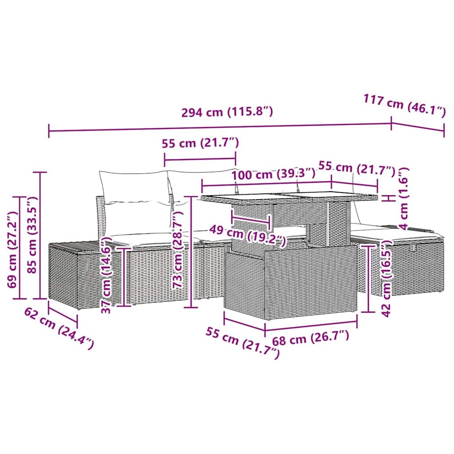 vidaXL 6-tlg. Garten-Sofagarnitur Beige Poly Rattan mit Maßen, bestehend aus Sofa, Tisch und Hocker.