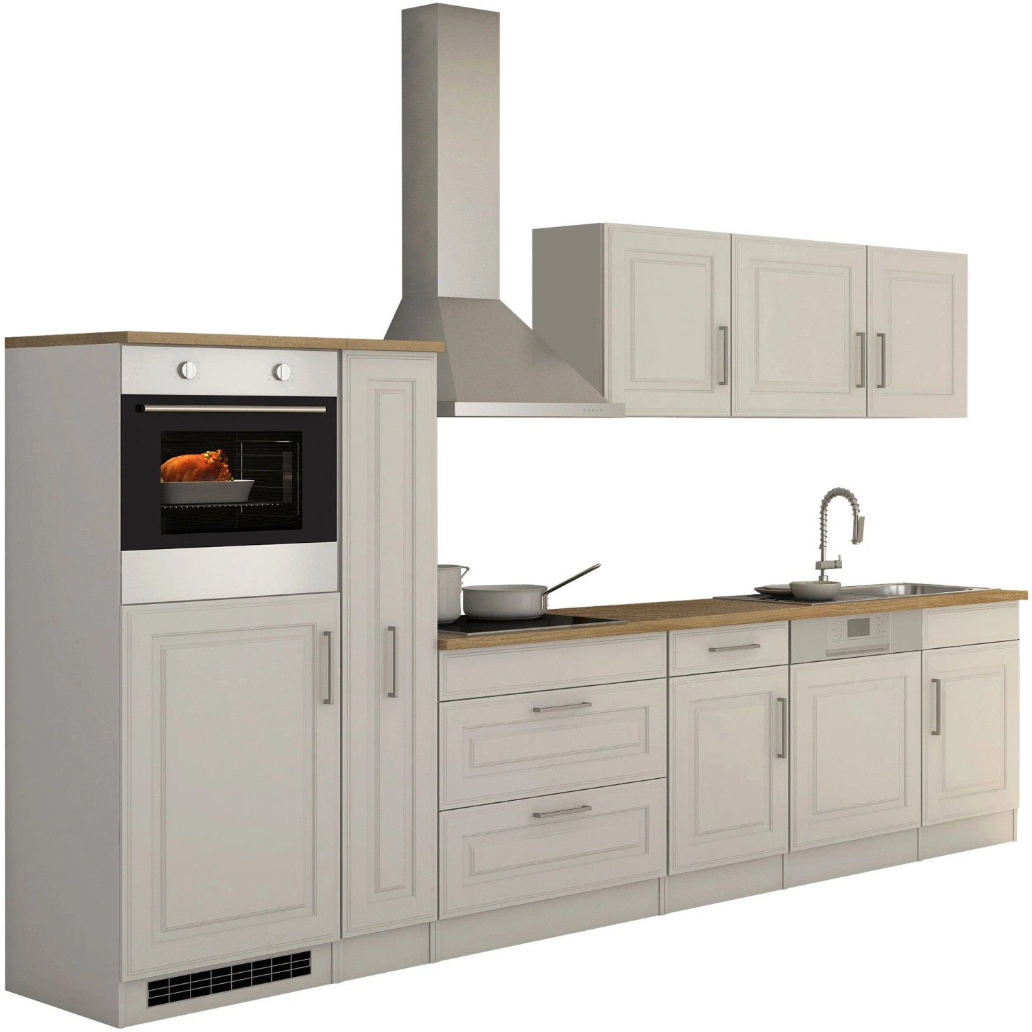 Held Möbel Küchenzeile Rom 330 cm Landhaus Weiß Matt mit E-Geräten