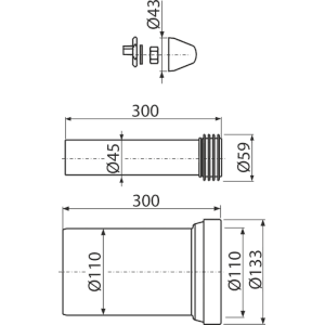 Technische Zeichnung: Alcadrain WC-Zubehörset DN110, 300mm, PE/PP, schwarz, für WC-Anschluss.