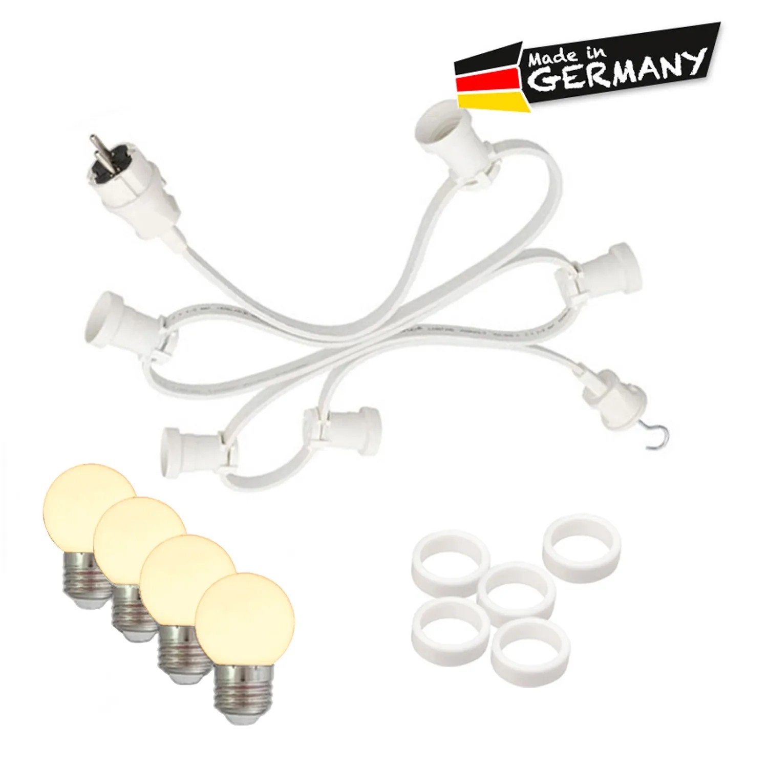 Satisfire Partylichterkette 30m mit 50 warmweißen LED Kugellampen für Biergarten & Außenbereich.
