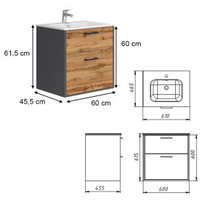 Vicco Badmöbel-Set Lanco in Anthrazit/Goldkraft Eiche mit Waschbecken und Maßangaben.
