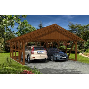 Skan Holz Carport Schwarzwald in Nussbraun mit zwei geparkten Autos.