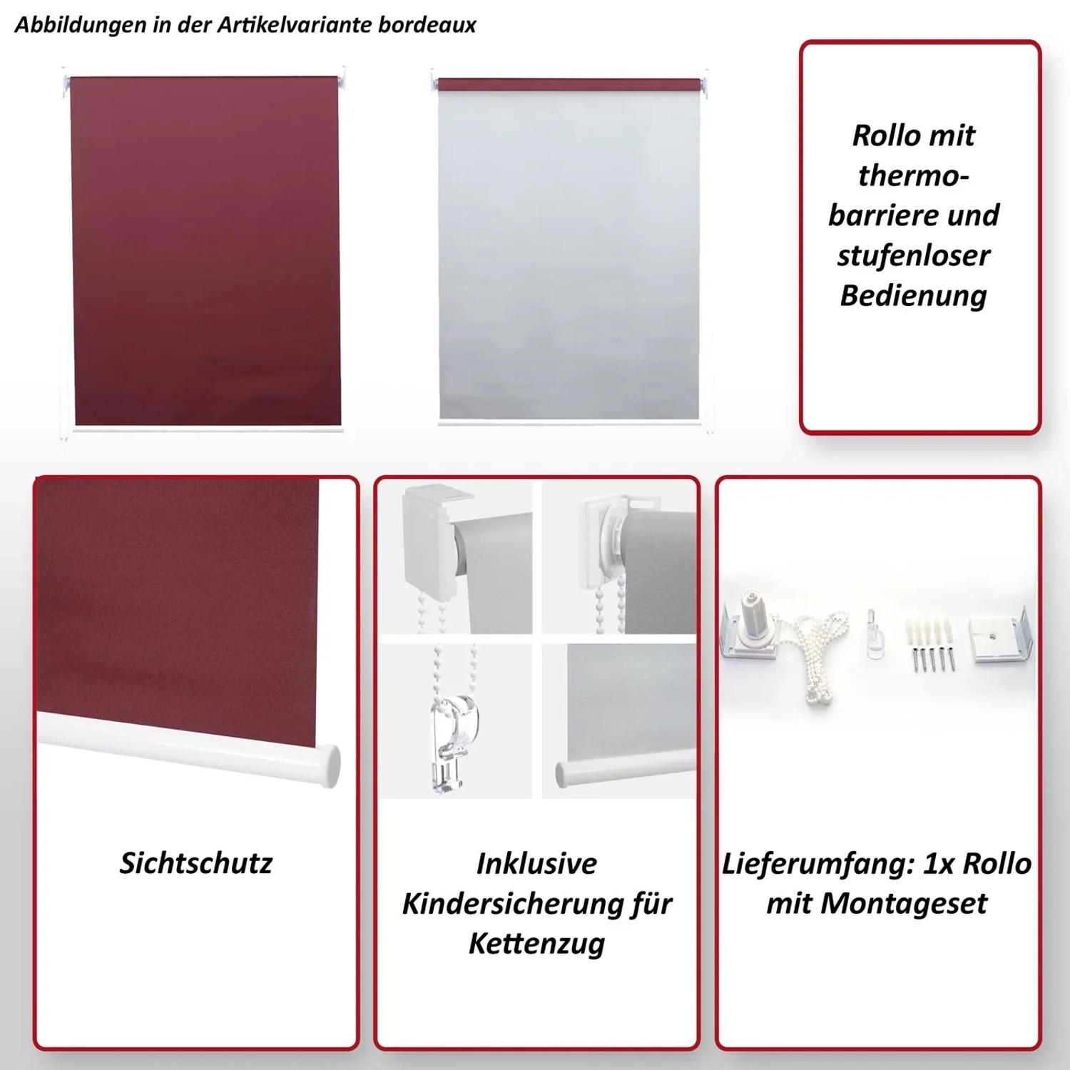 MCW Rollo D52 70x160cm Blau: Detailansichten und Zubehör des Rollos mit Kettenzug und Kindersicherung.