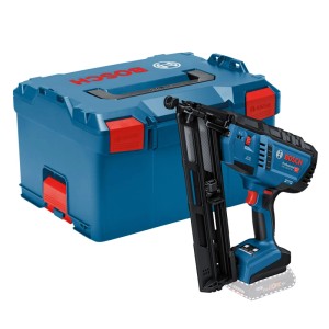 Blauer Bosch Akku-Holznagler Pro GNH 18V-64 MD mit L-Boxx. Kabelloser Tacker für Nägel.