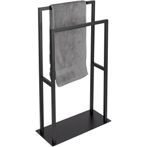 Wenko Handtuchständer Rivaltana, schwarz, mit grauem Handtuch. Moderner Handtuchhalter aus Edelstahl.