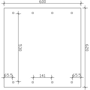 Grundriss des Satteldach-Carports Wallgau, 620x600 cm, mit Maßangaben für Pfosten und Abstände.