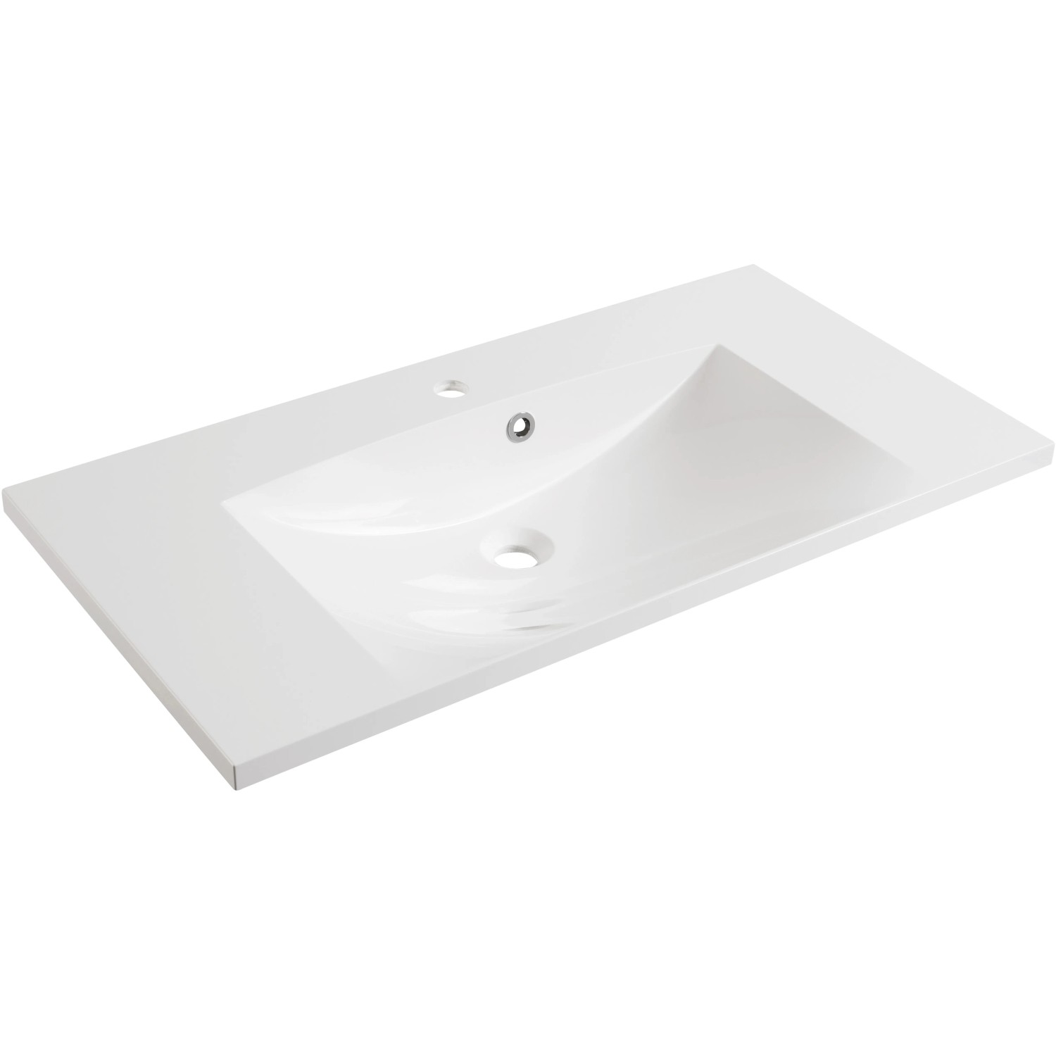 Weißes Fackelmann Waschbecken aus Gussmarmor, Teil des B.clever 90 cm Waschplatz Sets.