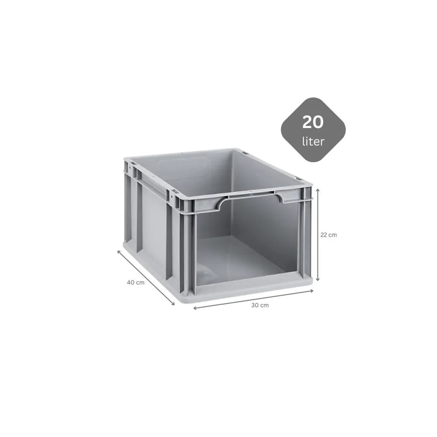 Graue PROREGAL Eurobox NextGen Store mit offener Front, 20 Liter, 22x30x40 cm.