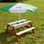 Sand- und Wasserspieltisch Nick Braun mit Sonnenschirm und zwei blauen Behältern.