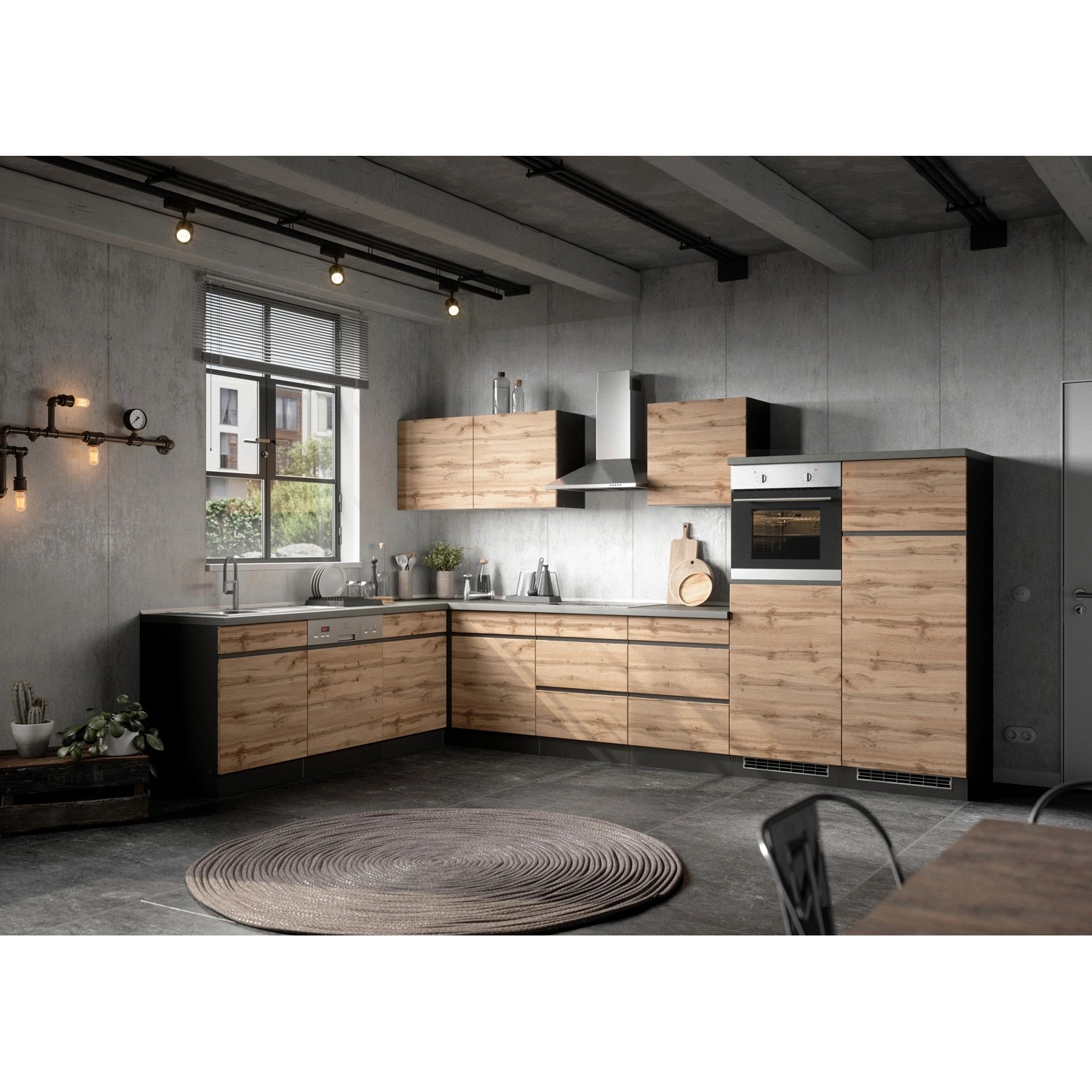 Held Möbel Winkelküche Turin 360 x 240 cm Wotaneiche-Graphit mit E-Geräten
