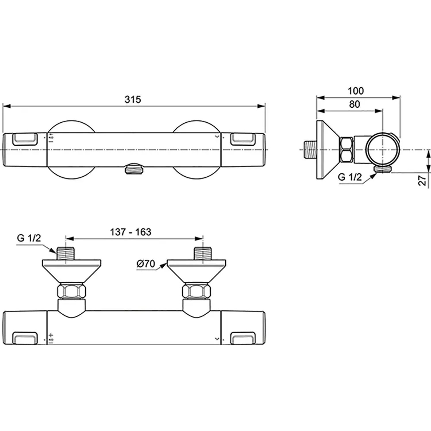 Technische Zeichnung: Ideal Standard Ceratherm T25 Brausethermostat Aufputz, Chrom, Maße