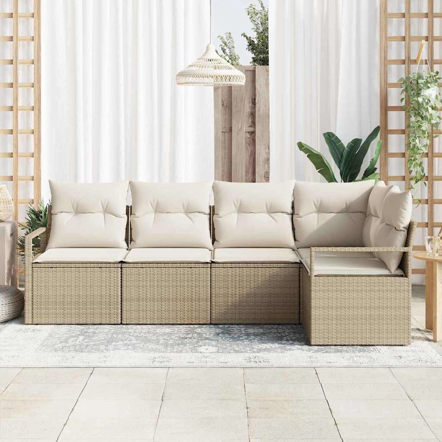 Beiges 5-teiliges Gartensofa-Set aus Rattan mit Kissen von vidaXL für den Außenbereich.