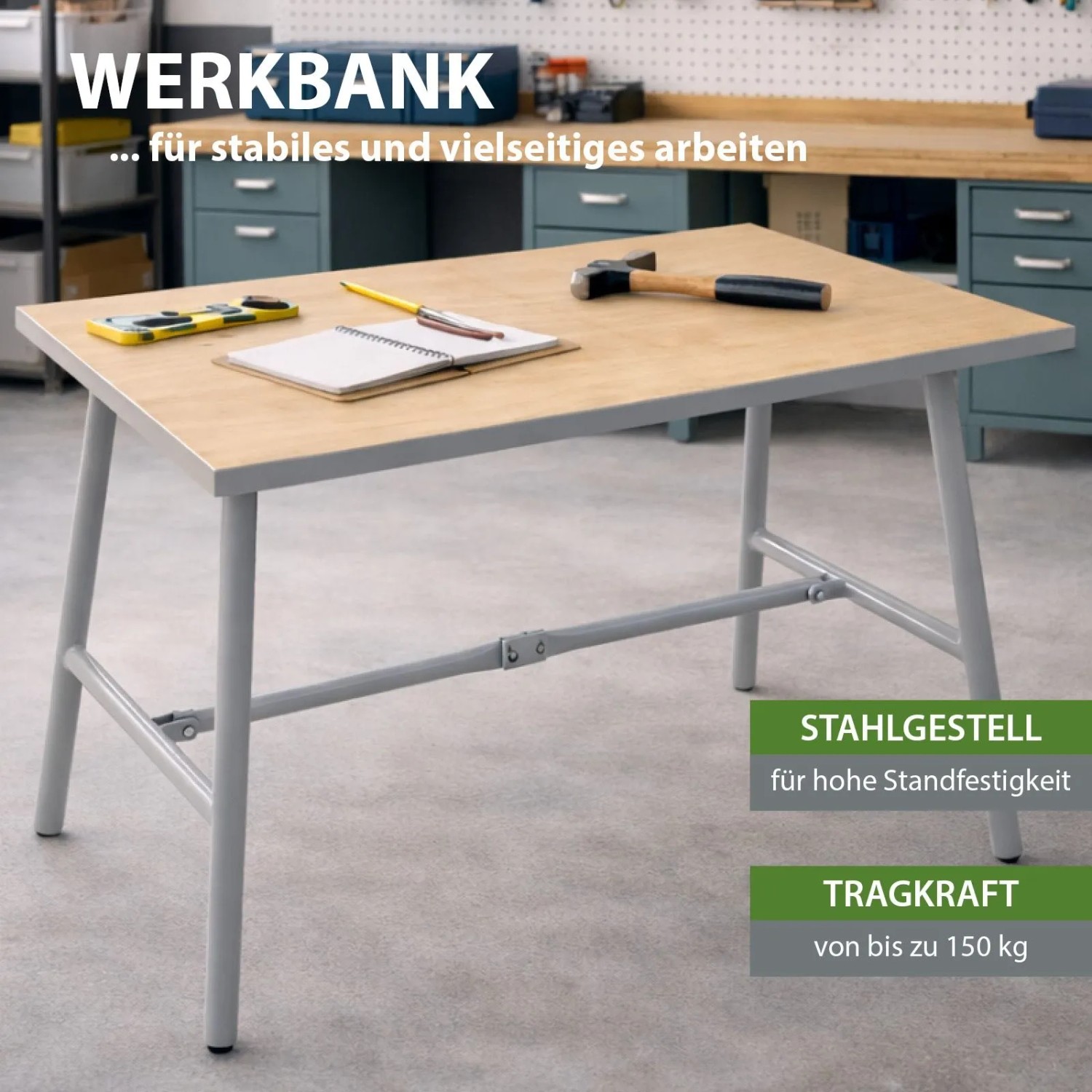 Klappbare Werkbank aus hellem Sperrholz mit grauem Stahlgestell, 150 kg Tragkraft, für Werkstatt.